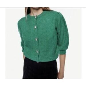 Zara Green Rhinestone Flower Button Cardigin S